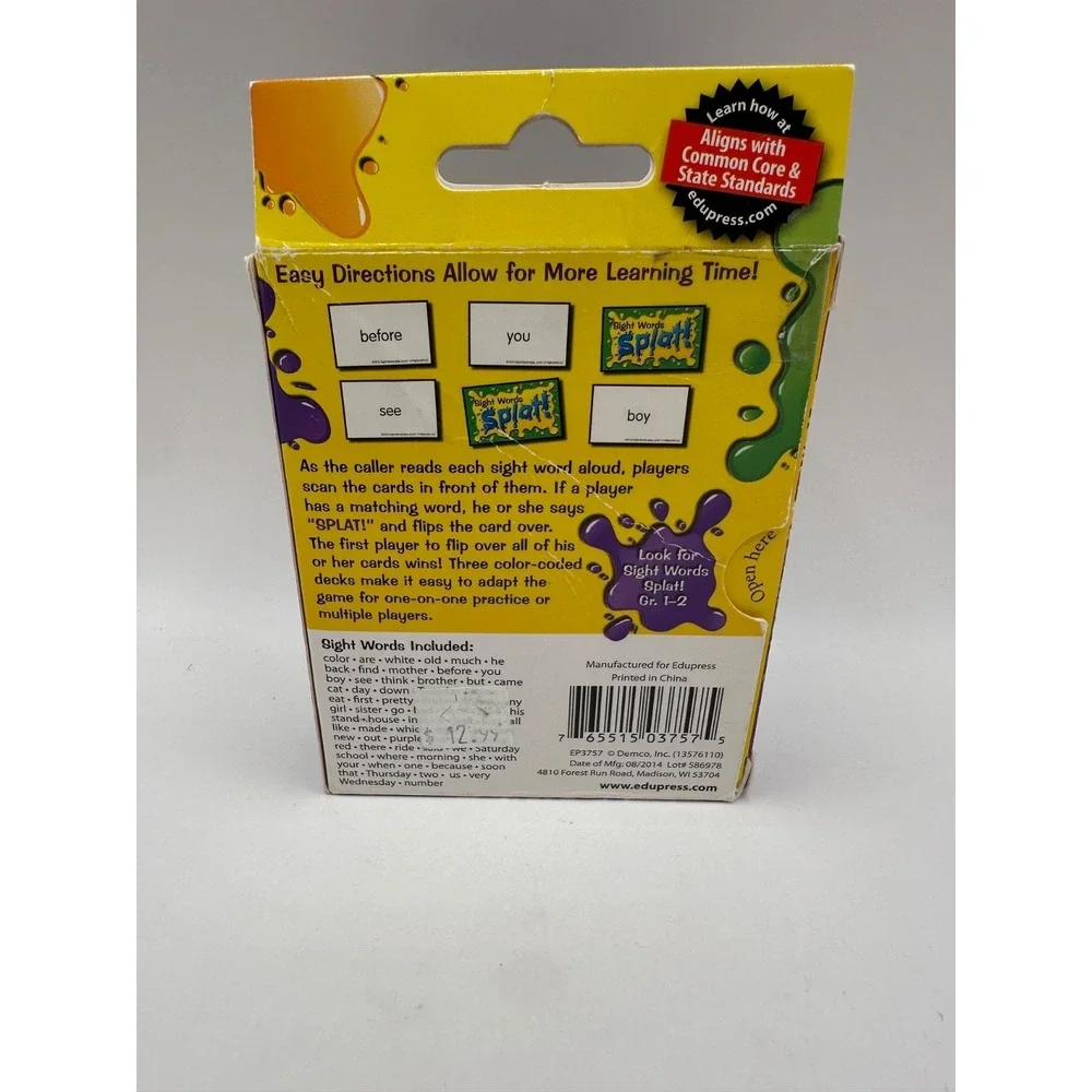 Sight Words Splat! Grades K-1 EduPress 2-6 Players 75 Sight Words Dr Toy Winner